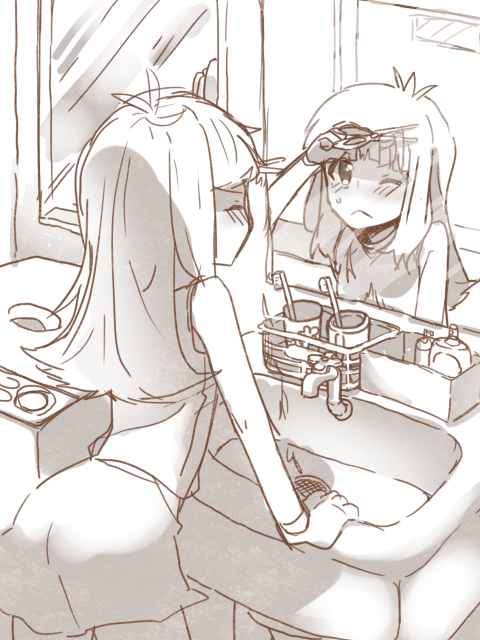 bangs, blue_(pokemon), blue_(pokemon)_(classic), blunt_bangs, cutting_hair, gloves, mirror, monochrome