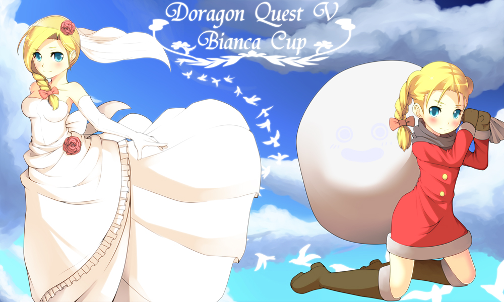 adult, age_comparison, bianca, blonde_hair, blue_eyes, blush, boots, bow