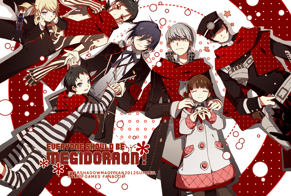 2girls, 6boys, atlus, belt, black_hair, blonde_hair, blue_eyes, blue_hair, brown_hair, cat, character_doll, devil_summoner, digital_media_player, doujima_nanako, gouto, grey_eyes, gun, hat, headphones, hitoshura, kuma_(persona_4), kuzunoha_raidou, lucifer_(shin_megami_tensei), lying, multiple_boys, multiple_girls, narukami_yuu, persona, persona_3, persona_4, pharos, pistol, pixie_(megami_tensei), red_eyes, scarf, shin_megami_tensei, shin_megami_tensei_iii:_nocturne, silver_eyes, silver_hair, snowing, starshadowmagician, tattoo, weapon