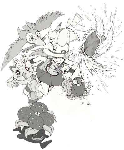 1girl, :3, ;), blue_(pokemon), diglett, fangs, farfetch'd, farfetch'd