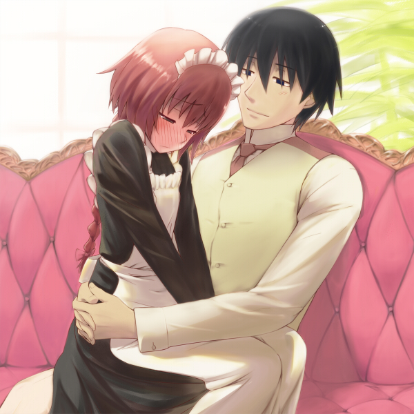 blush, braid, couch, darker_than_black, enmaided, formal, hands, hei, hug, kanna_asuke, lap_sitting, looking_down, maid, parody, ponytail, red_hair, redhead, shy, sitting, sitting_on_lap, sitting_on_person, suou_pavlichenko, v_arms, victorian_romance_emma