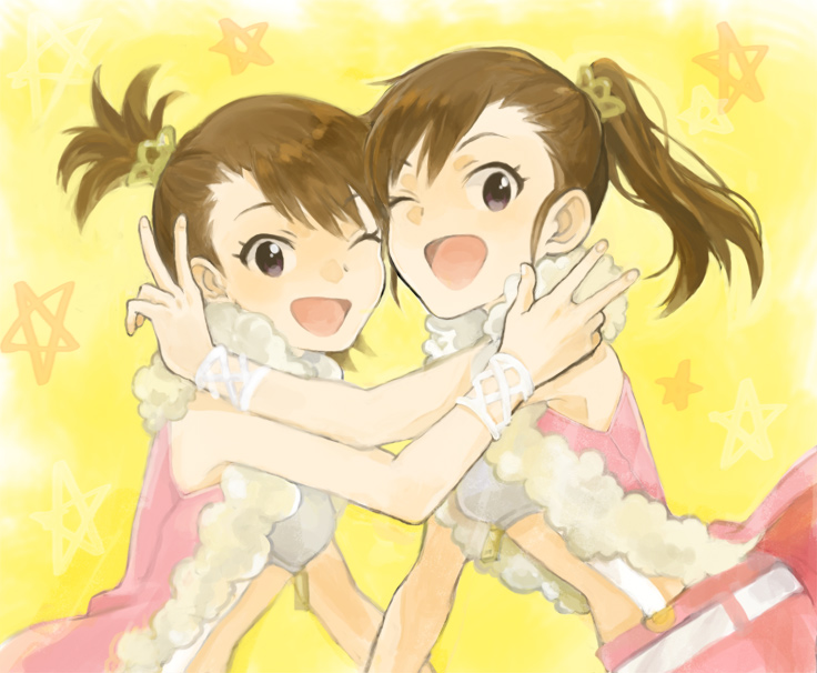 brown_hair, futami_ami, futami_mami, idolmaster, oomori_(atu-oomori11), siblings, side_ponytail, smile, v, wink