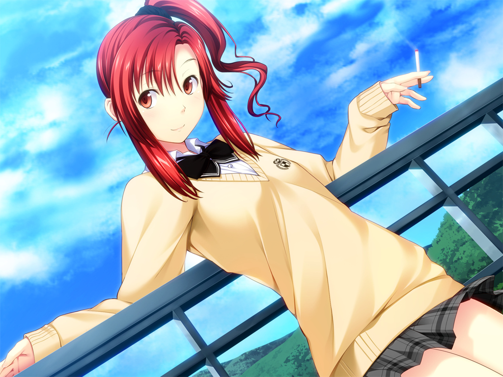 cigarette, cloud, game_cg, himori_shii, joker, joker_-shisen_no_hate_no_doukeshi-, miniskirt, oryou