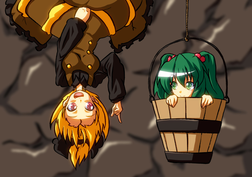 blonde_hair, blush, bow, bucket, fang, green_eyes, green_hair, hair_bobbles, hair_bow, hair_ornament, highres, in_bucket, in_container, kisume, kurodani_yamame, long_sleeves, madare-rin, multiple_girls, open_mouth, red_eyes, short_hair, smile, touhou, twintails, upside-down