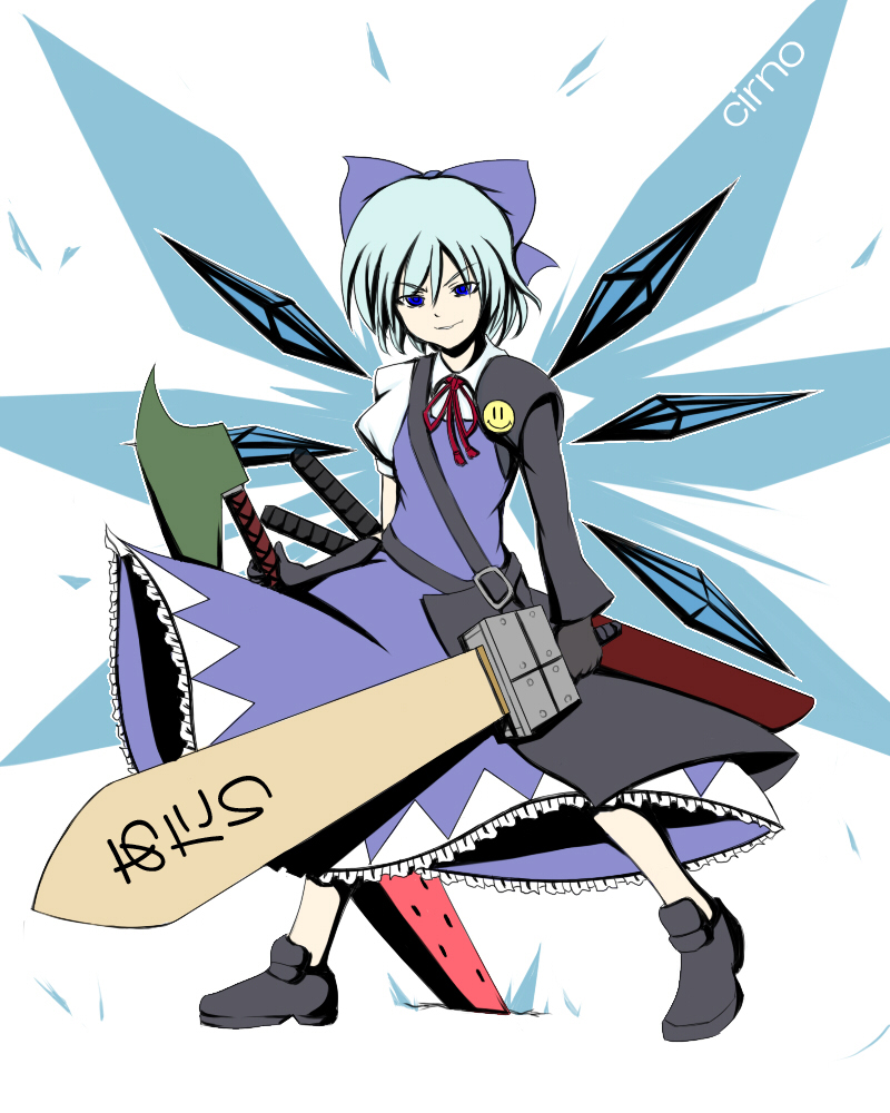 adapted_costume, advent_cirno, blue_eyes, blue_hair, bow, character_name, cirno, dual_wielding