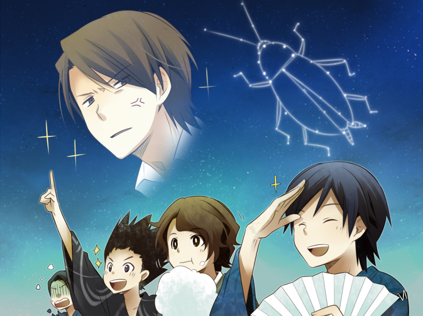 :t, anger_vein, bad_id, black_hair, brown_eyes, brown_hair, cockroach, constellation