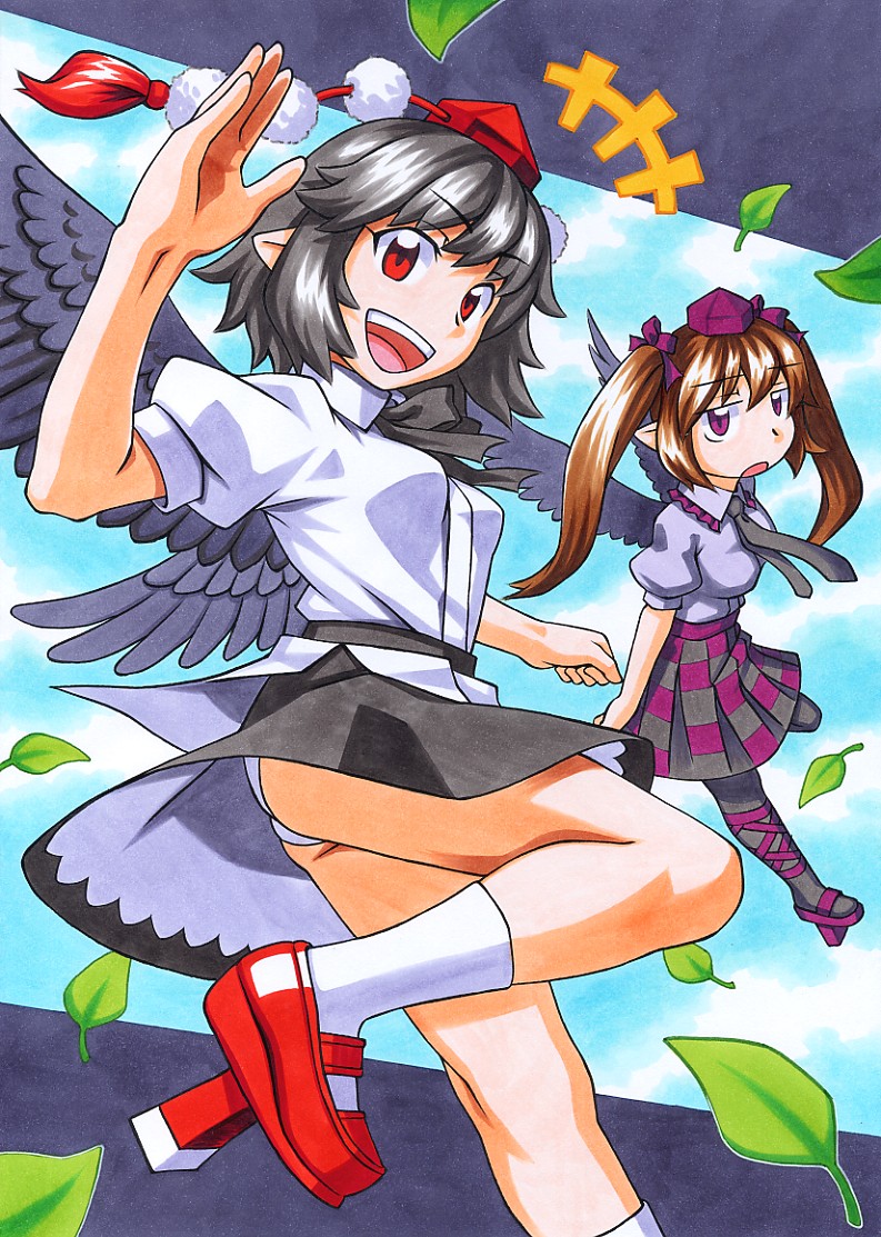 black_hair, black_legwear, brown_hair, dress_shirt, flying, hat, himekaidou_hatate, kawachi_koorogi, kawauchi_kirigirisu, multiple_girls, panties, pantyhose, pointy_ears, purple_eyes, raised_hand, red_eyes, shameimaru_aya, shirt, skirt, smile, socks, tokin_hat, touhou, twintails, underwear, white_legwear, white_panties, wings