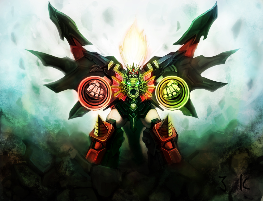 debris, drill, fangs, freedomz3, genesic_gaogaigar, glowing, glowing_eyes, green_eyes, hell_and_heaven, highres, long_hair, mecha, no_humans, red_eyes, solo, super_robot, tail, wings, yuusha_ou_gaogaigar, yuusha_ou_gaogaigar_final, yuusha_series