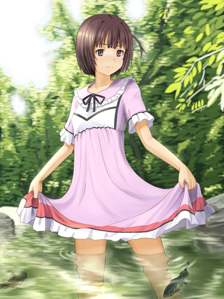 brown_eyes, brown_hair, collarbone, dress, dress_lift, haruue_erii, holding, partially_submerged