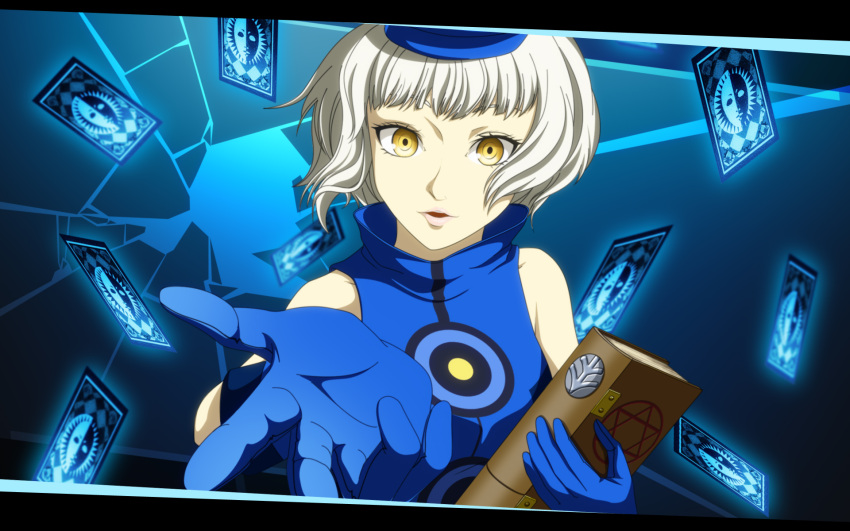 bare_shoulders, book, card, elizabeth_(persona), gloves, hat, highres, kouchou