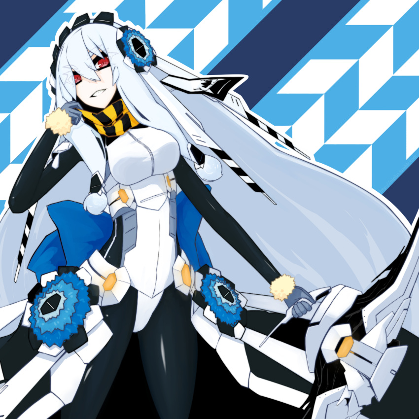 amagimikoto, black_legwear, blue_hair, bodysuit, boretskaya_marfa, bow, female, gloves, grin, highres, kyoukai_senjou_no_horizon, long_hair, marfa_boretskaya, pantyhose, red_eyes, ribbon, scarf, smile, solo, very_long_hair, weapon, white_hair