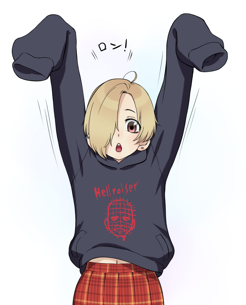 ahoge, arms_up, blonde_hair, blush, brown_eyes, earrings, english, hair_over_one_eye, hellraiser, hoodie, idolmaster, idolmaster_cinderella_girls, jewelry, looking_at_viewer, navel, open_mouth, pinhead, pleated_skirt, shirasaka_koume, short_hair, skirt, sleeves_past_wrists, solo, wata_do_chinkuru