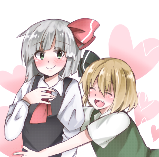 ascot, blonde_hair, blush, closed_eyes, cosplay, costume_switch, eyes_closed, fang, fuukou_furiko, green_eyes, heart, konpaku_youmu, konpaku_youmu_(cosplay), multiple_girls, rumia, rumia_(cosplay), silver_hair, smile, touhou
