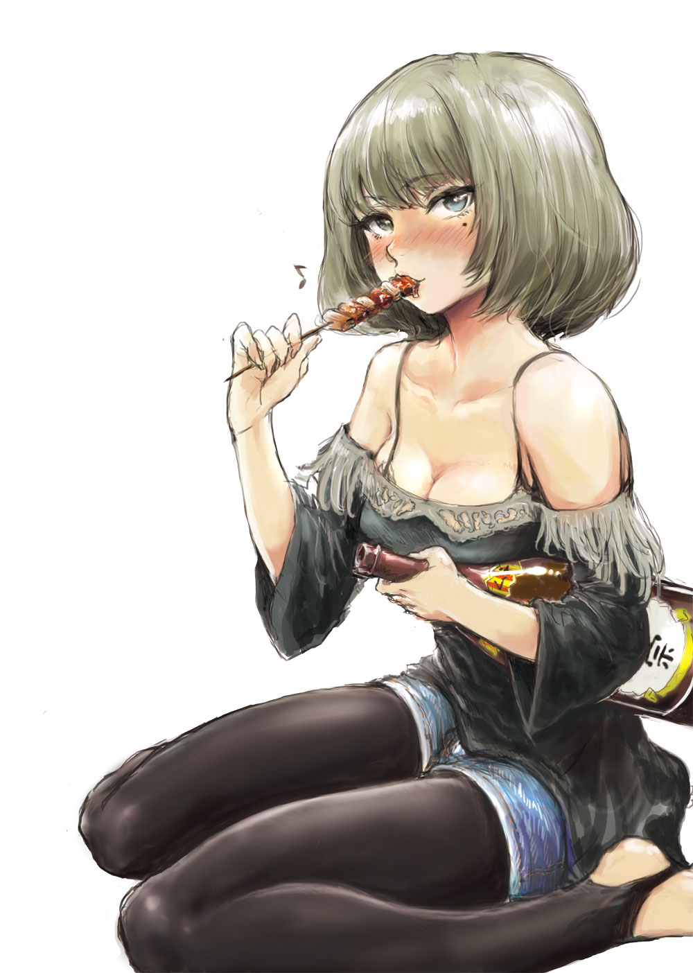 1girl, alternate_legwear, artist_request, blush, bob_cut, bottle, breasts, cleavage