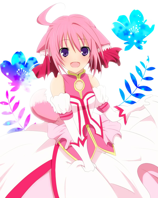 ahoge, animal_ears, bare_shoulders, detached_sleeves, dog_days, dog_ears, dog_tail, dress, elbow_gloves, flower, gloves, hair_ribbon, millhiore_f_biscotti, open_mouth, pink_hair, purple_eyes, ribbon, snowstar, solo, tail, violet_eyes