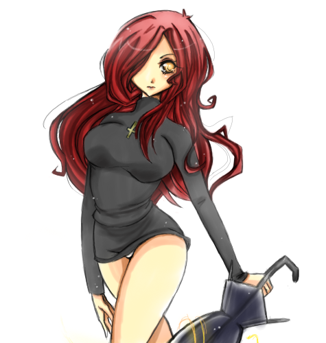 bare_legs, breasts, cross, cross_necklace, hair_over_one_eye, large_breasts, long_hair, lowres