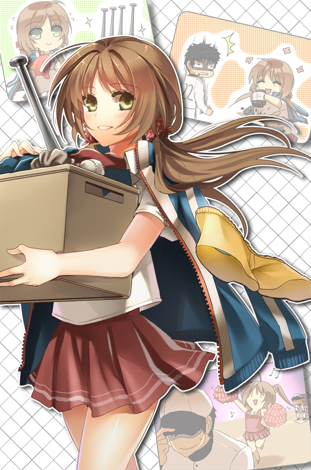 1girl, 2boys, baseball, baseball_bat, beans, blush, box, brown_eyes, brown_hair, cheerleader, embarrassed, hat, jacket, ktsis, long_hair, manager, multiple_boys, open_mouth, original, pom_poms, pompom, school_uniform, serafuku, short_hair, shorts, skirt, smile, twintails, yellow_eyes