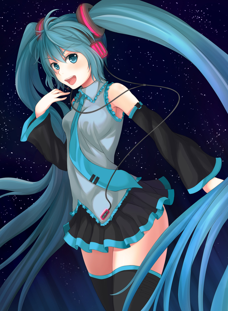 :d, aqua_eyes, aqua_hair, bad_id, detached_sleeves, hatsune_miku, headphones, long_hair