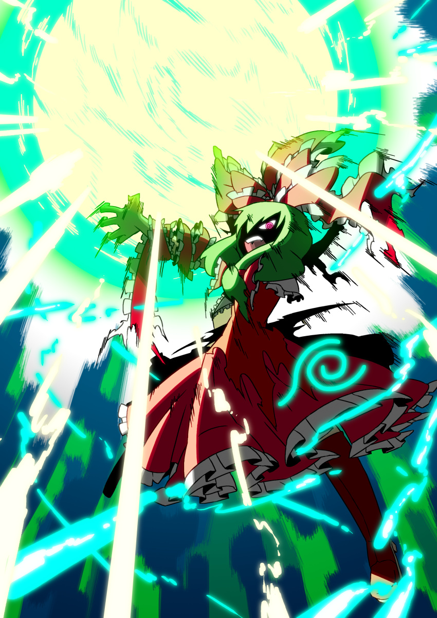 absurdres, blue_eyes, boots, bow, dress, energy_ball, frills, getter_rays
