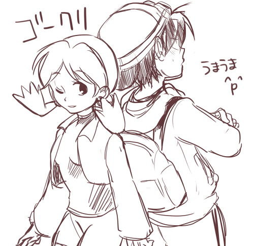 ^p^, backpack, bag, bangs, baseball_cap, blush, crystal_(pokemon), gold_(pokemon)