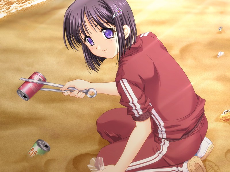 beach, black_hair, can, game_cg, hair_ornament, hairclip, isawa_tae, kneeling