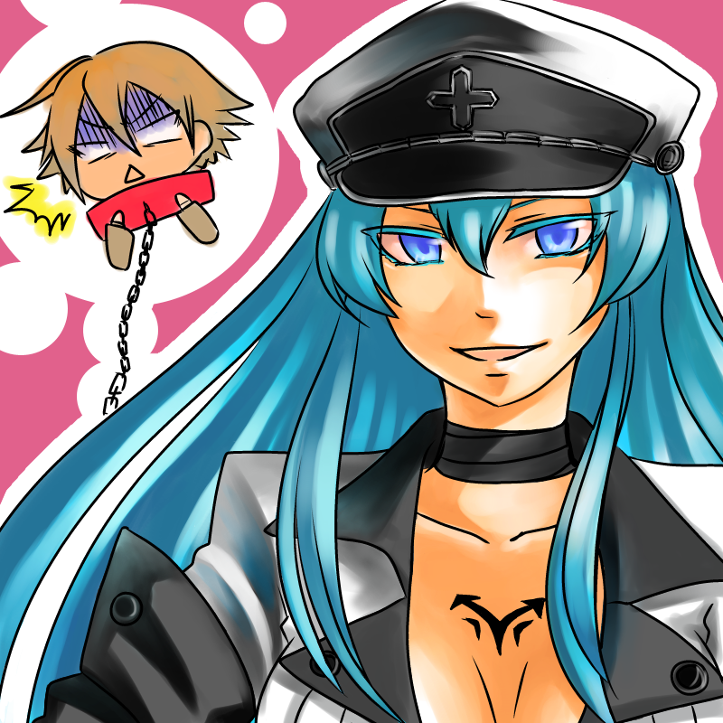 1girl, akame_ga_kill!, aqua_hair, blue_eyes, breasts, choker, cleavage, collar