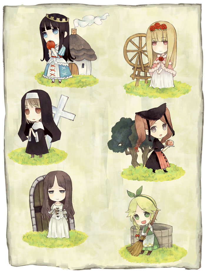 aohigeko, apple, blue_eyes, brown_eyes, brown_hair, buranko_(marchen), chibi, cross