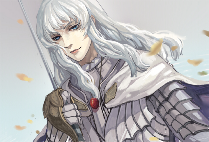 androgynous, armor, berserk, blue_eyes, cape, griffith, long_hair, male