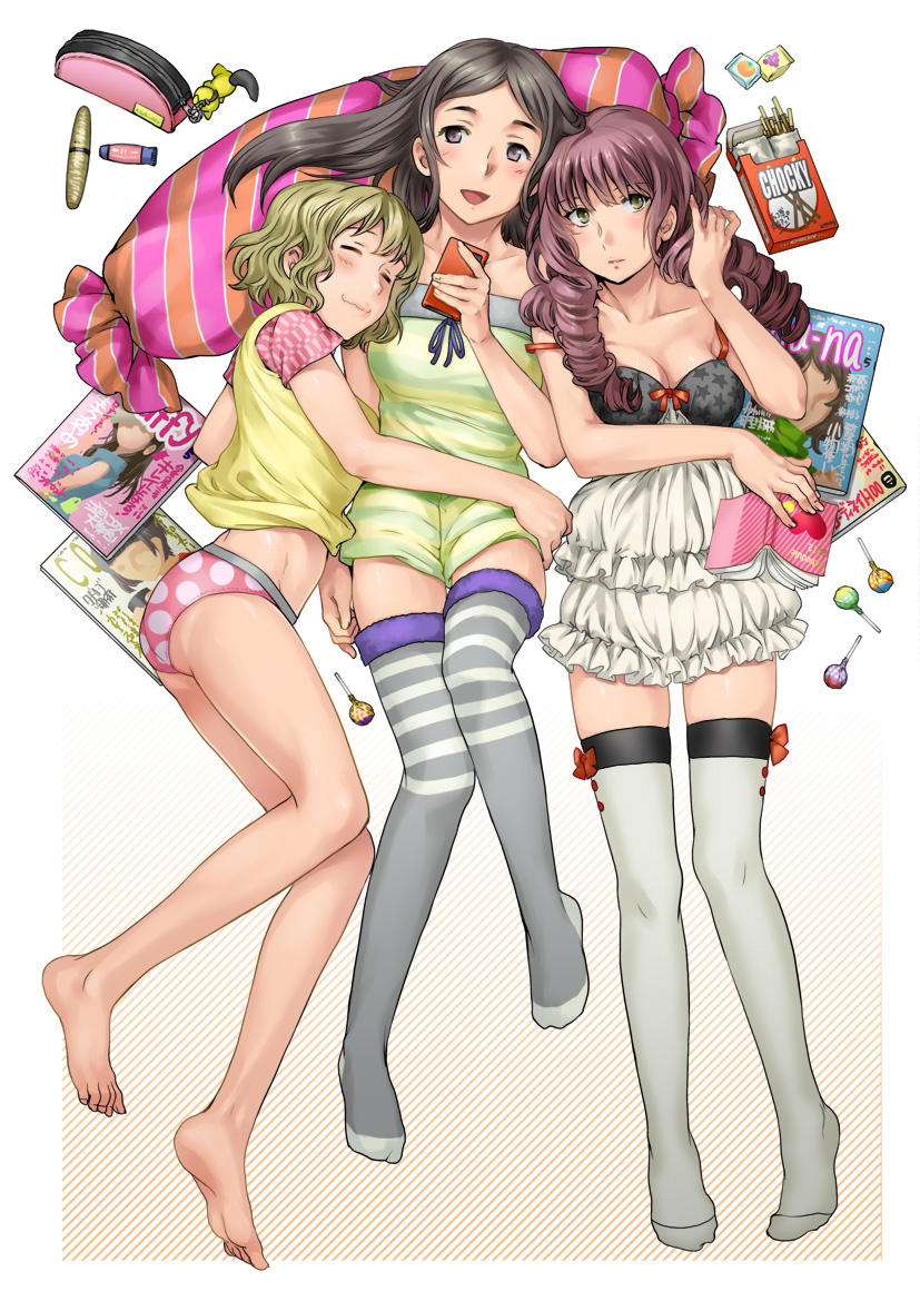 :3, barefoot, black_hair, blonde_hair, blush, brand_name_imitation, candy, closed_eyes