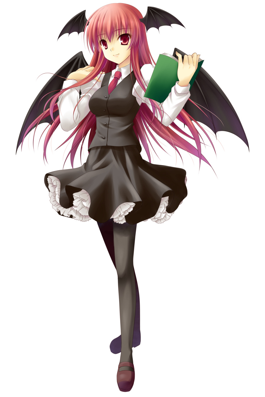 bat_wings, book, head_wings, headwings, highres, koakuma, legs, long_hair