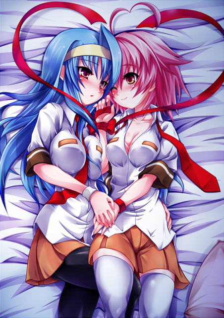 ahoge, aino_heart, arcana_heart, black_legwear, blush, breasts, hairband, heart_ahoge
