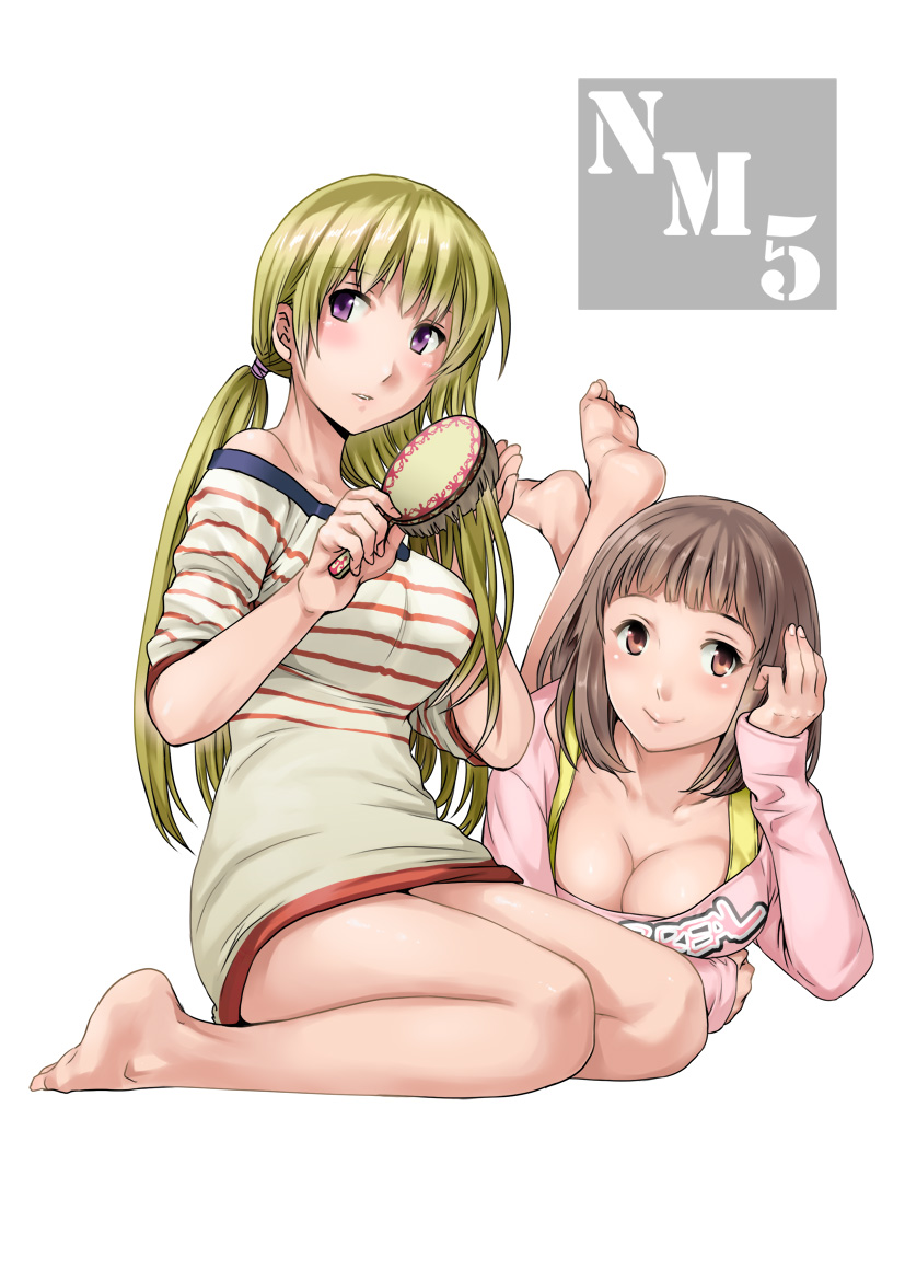 barefoot, blonde_hair, blush, breasts, brown_eyes, brown_hair, cleavage, comb
