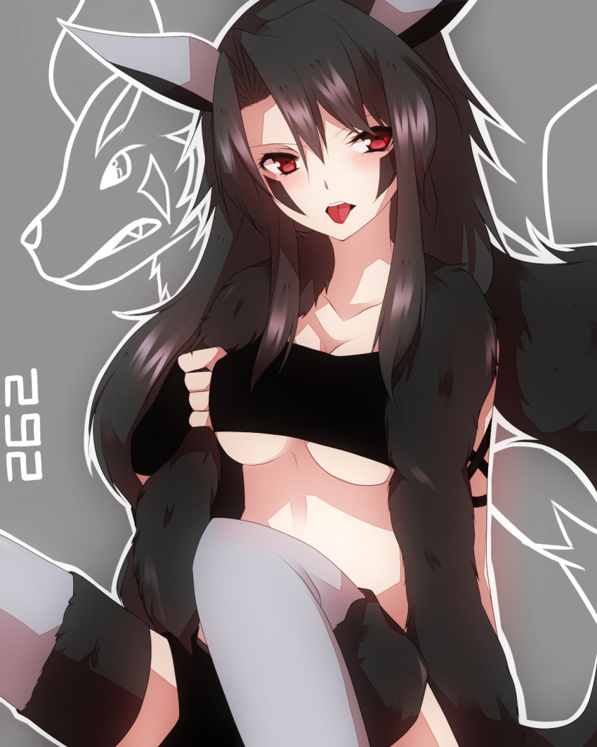 :p, animal_ears, black_hair, blush, breasts, facial_mark, grey_legwear, highres