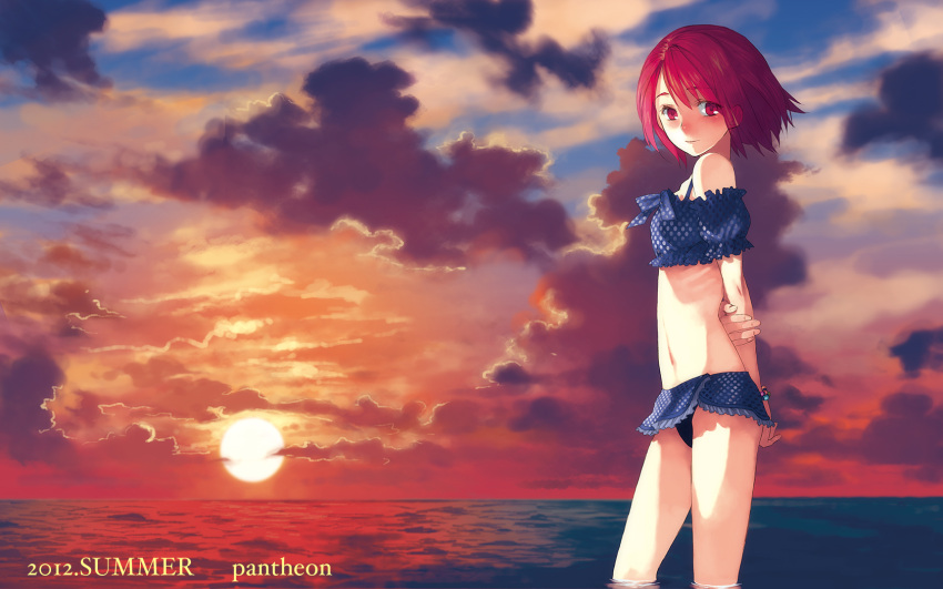 blush, bracelet, cloud, clouds, crop_top, highres, horizon, janus, jewelry, looking_at_viewer, midriff, navel, ocean, original, red_eyes, red_hair, redhead, skirt, sun, sunset, swimsuit, swimsuit_under_clothes, wading