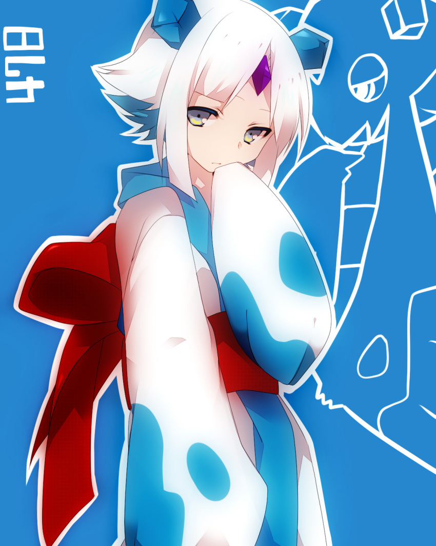 blue_hair, forehead_jewel, froslass, green_eyes, hand_to_mouth, highres, japanese_clothes, kimono