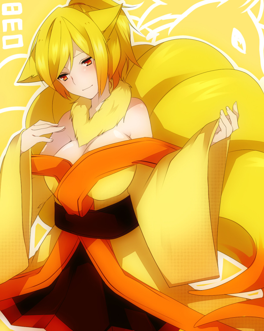 animal_ears, bare_shoulders, blonde_hair, blush, breasts, fox_ears, fox_tail, fur