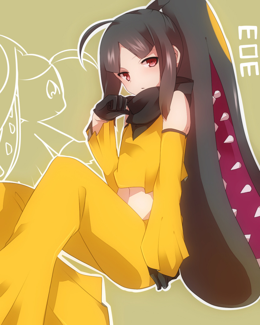 1girl, ahoge, bare_shoulders, black_gloves, black_hair, creature_and_personification, detached_sleeves, extra_mouth