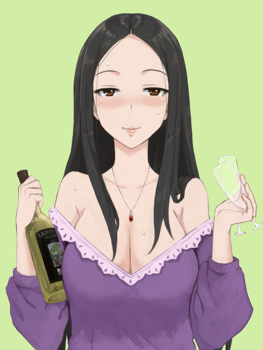 bare_shoulders, black_hair, blush, bottle, breasts, brown_eyes, character_request, cleavage, dress, drunk, glass, go-m, highres, hiiragi_shino, idolmaster, idolmaster_cinderella_girls, jewelry, long_hair, necklace, smile, solo, sweat