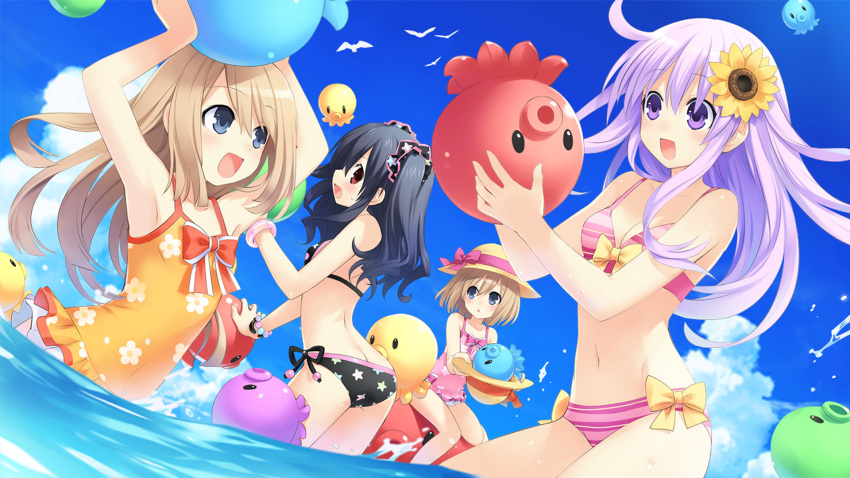 bikini, game_cg, hyperdimension_neptunia_mk2, nepgear, ram_(neptune_series), rom_(neptune_series), swimsuit, tsunako, yuni_(hyperdimension_neptunia_mk2)