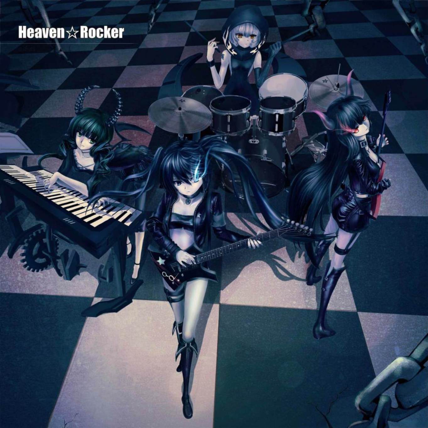 band_heavens, black_gold_saw, black_rock_shooter, jpeg_artifacts, rock, strength, takanashi_yomi