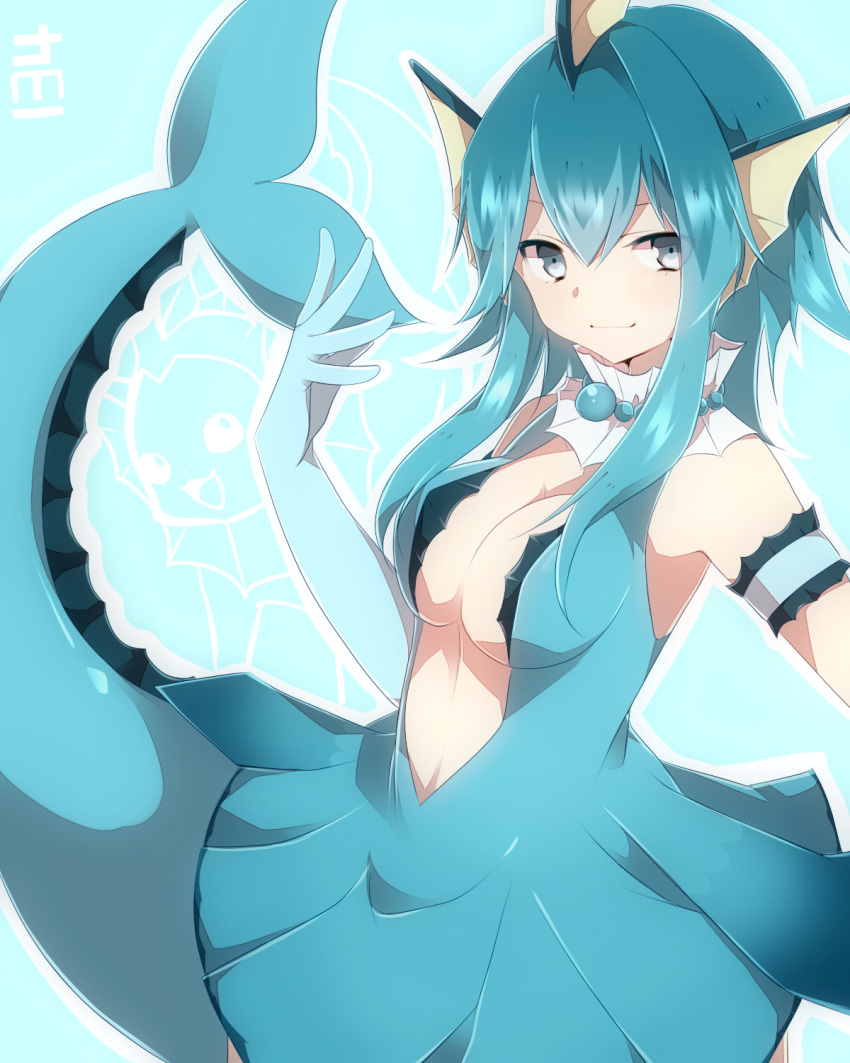 armband, blue_eyes, blue_gloves, blue_hair, breasts, center_opening, cleavage, fish_tail