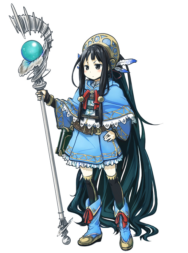 belt, black_eyes, black_hair, book, boots, bracelet, capelet, feathers, hair_feathers, hand_on_hip, hips, jewelry, long_hair, minatsuki_(sitsu), original, payot, ring, simple_background, skirt, solo, staff, thigh-highs, thighhighs, very_long_hair, white_background