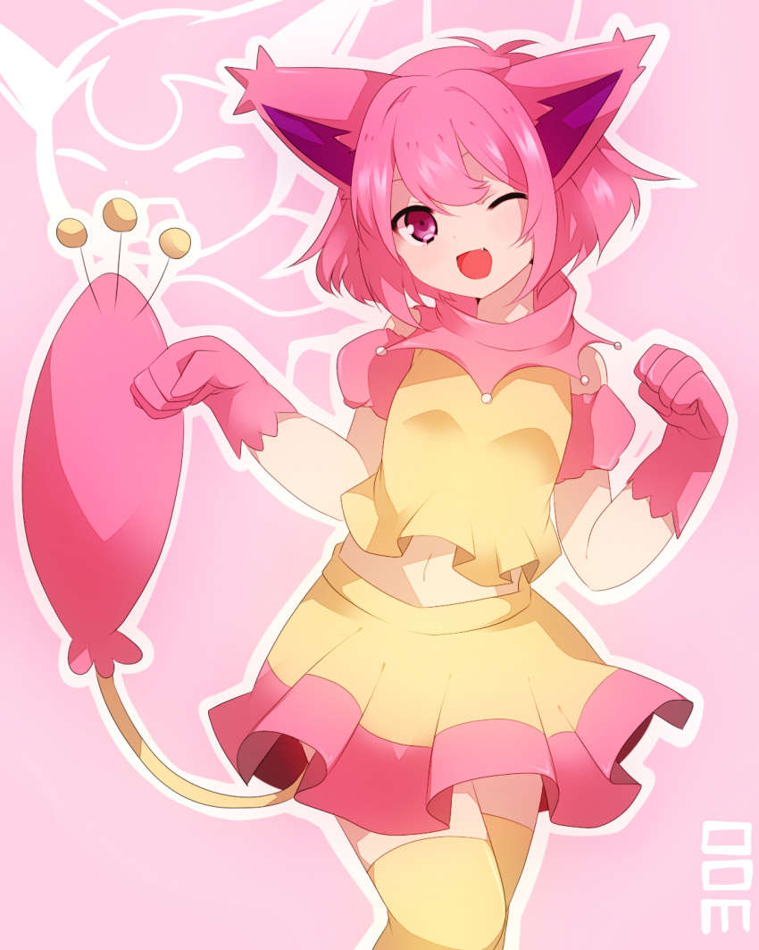 ;d, animal_ears, cat_ears, fang, gloves, highres, midriff, navel