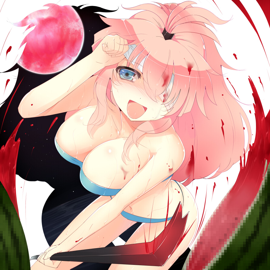 bikini, blindfold, blue_bikini, blue_eyes, breasts, censored, crowbar, food