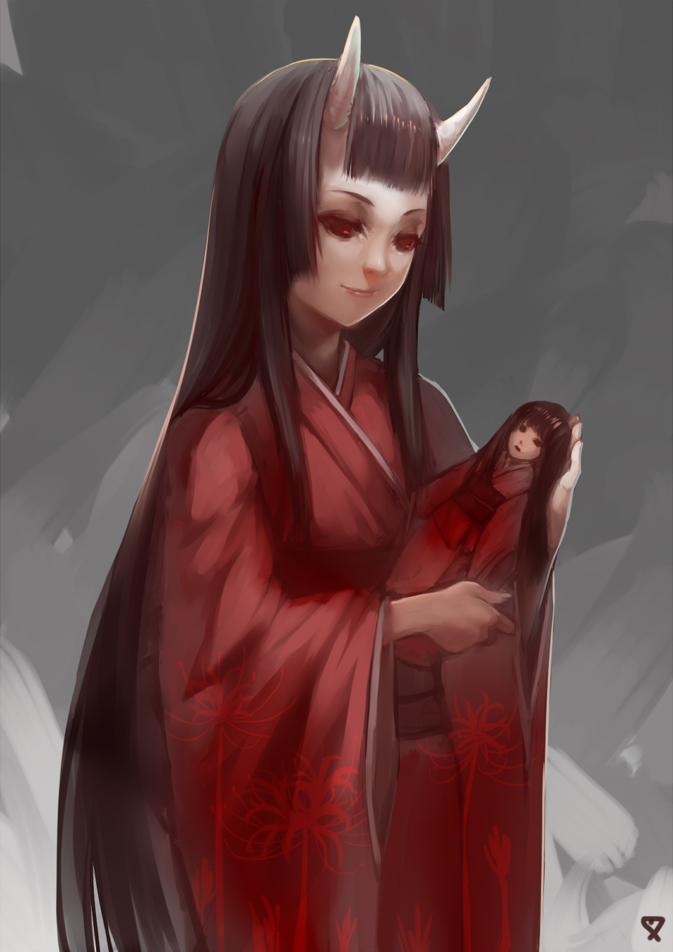 bangs, black_hair, blunt_bangs, doll, grey_background, highres, hime_cut, horns, japanese_clothes, kimono, long_hair, m874, oni, oni_asobi, original, red_eyes