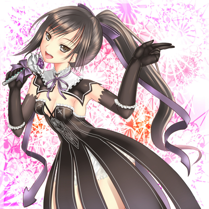 armpits, breasts, brown_eyes, brown_hair, dress, elbow_gloves, gloves, long_hair