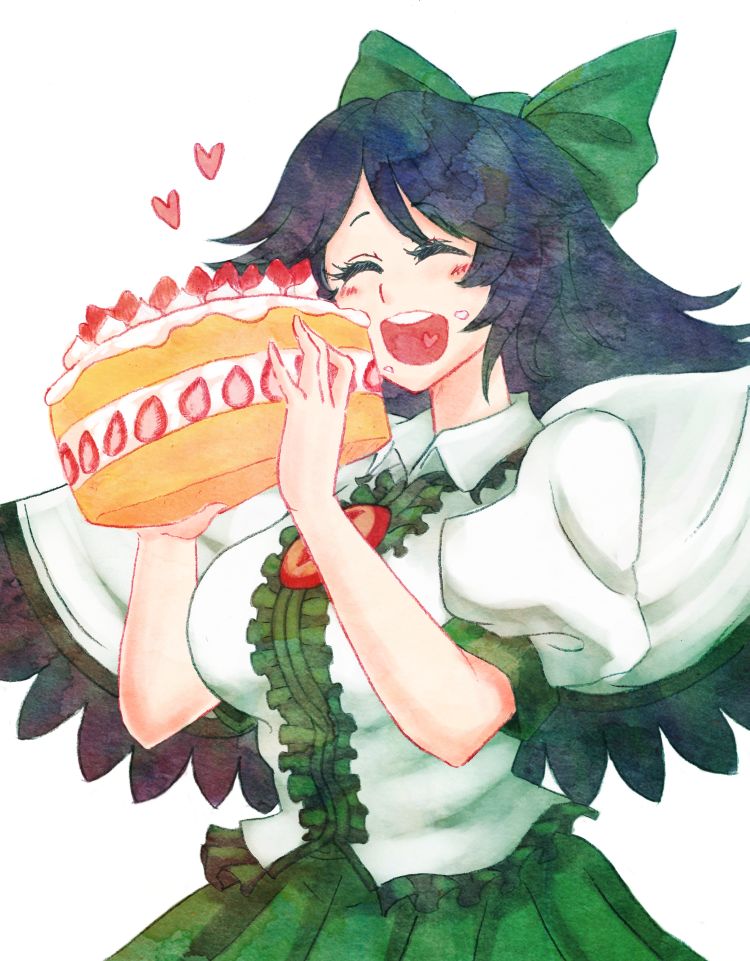 bird_wings, black_hair, black_wings, bow, cake, cape, closed_eyes, eyes_closed