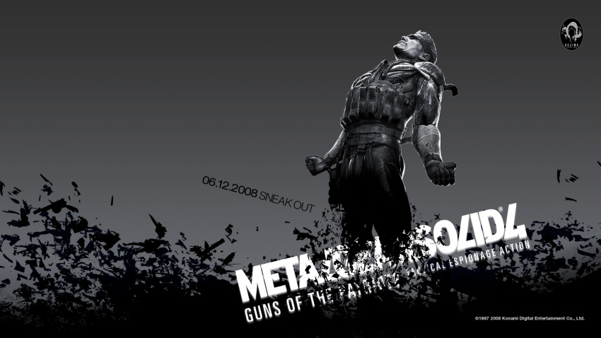 1987, 1boy, 2008, artist_request, dissolving, highres, konami, logo, male, metal_gear, metal_gear_solid, metal_gear_solid_4, monochrome, official_art, old_snake, short_hair, solid_snake, solo, title_drop, vulcan_raven, wallpaper