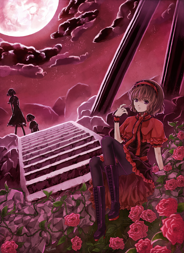 alice_margatroid, alternate_color, blonde_hair, capelet, cloud, clouds, cross-laced_footwear, flower