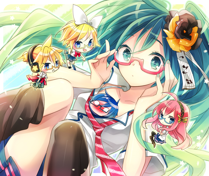 aqua_hair, bespectacled, blush, chibi, flower, glasses, hair_flower, hair_ornament